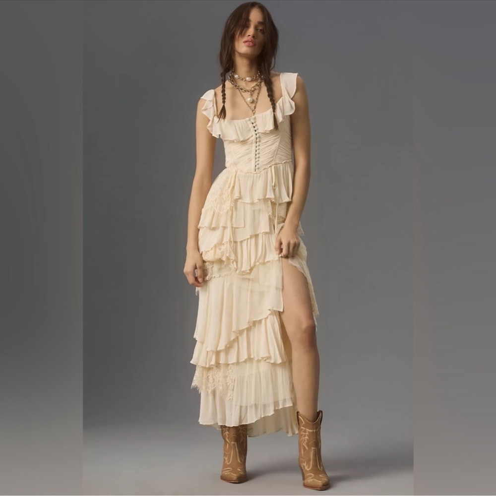 NWT By Anthropologie Corset Tiered Lace Ruffle Dress Size Medium
